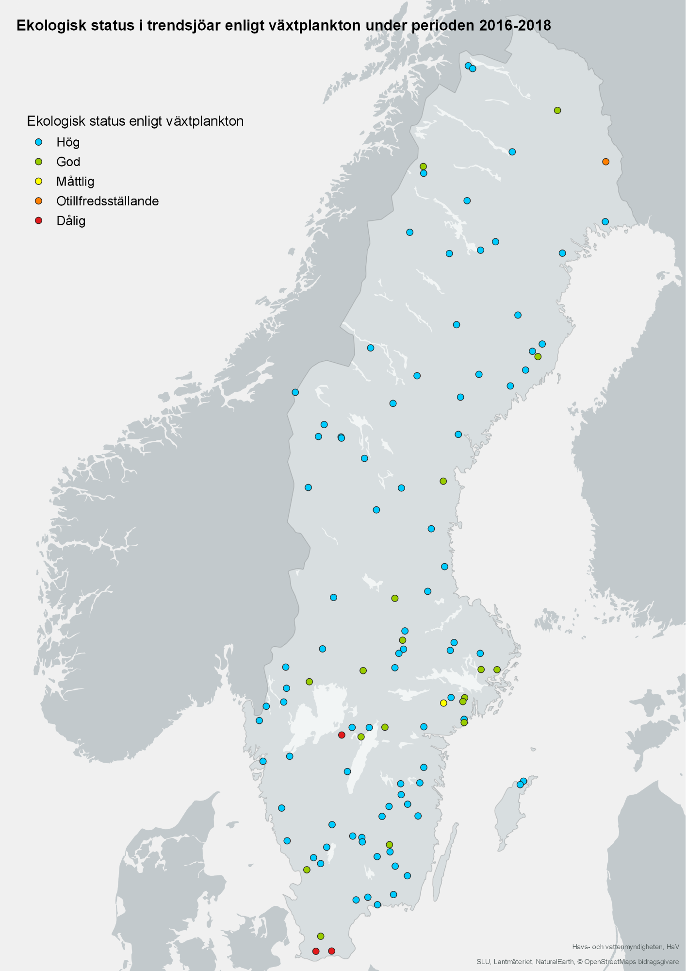 Status i trendsjöar vad gäller växtplankton 2016-2018. Karta, illustration.