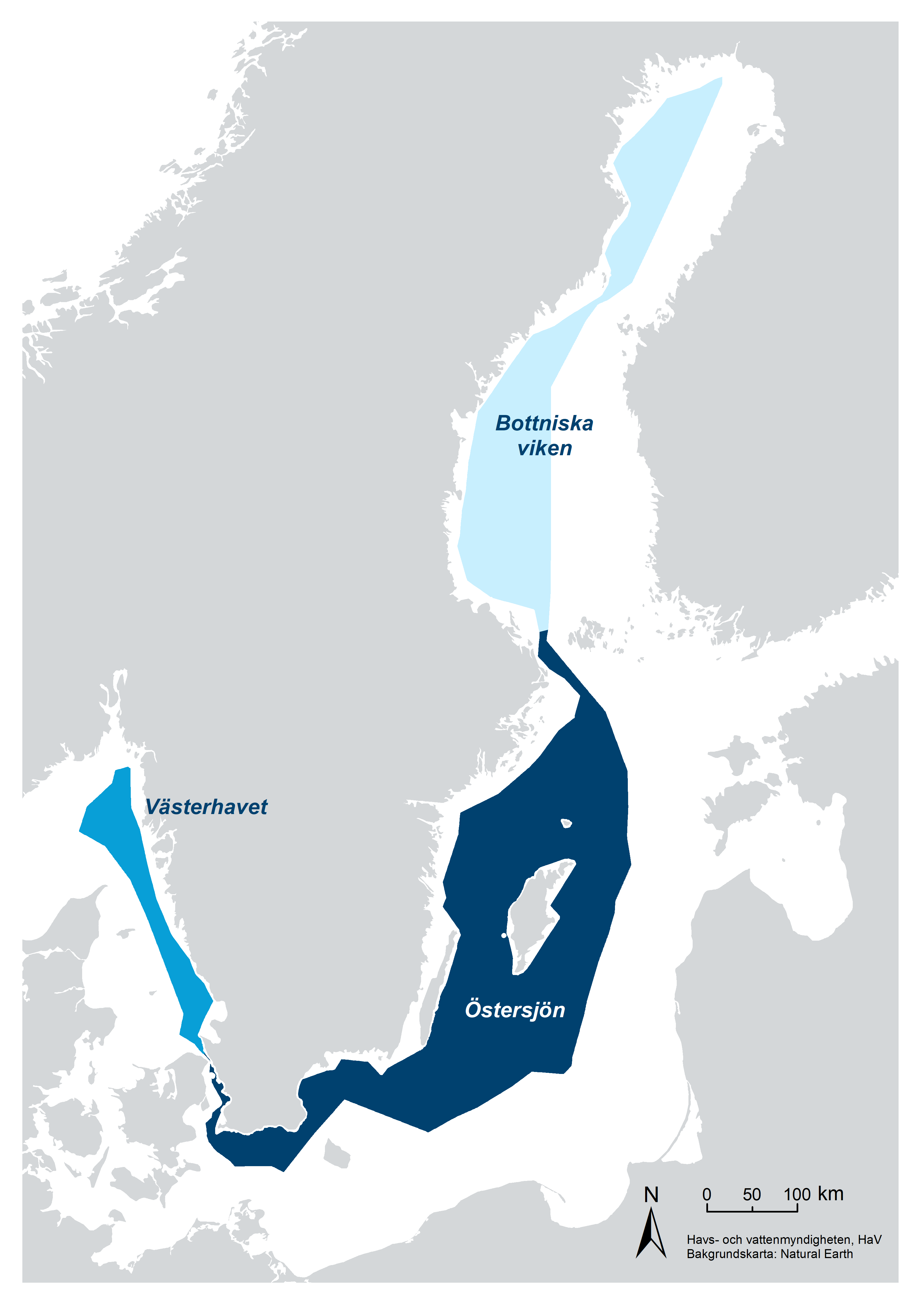 Karta över Sverige där de tre havsplanerområdena Bottniska viken, Östersjön och Västerhavet är markerade.