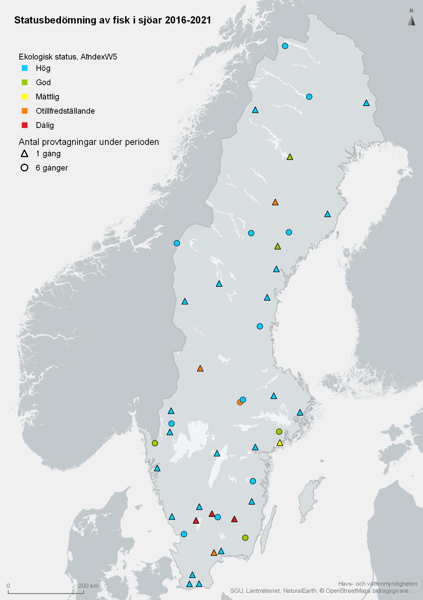 status i sjöar avseende fisk 2016-2021. karta.illustration