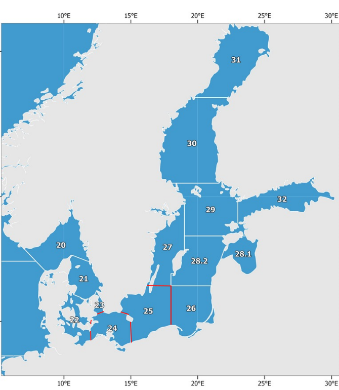 Karta över delområden i Östersjön. 