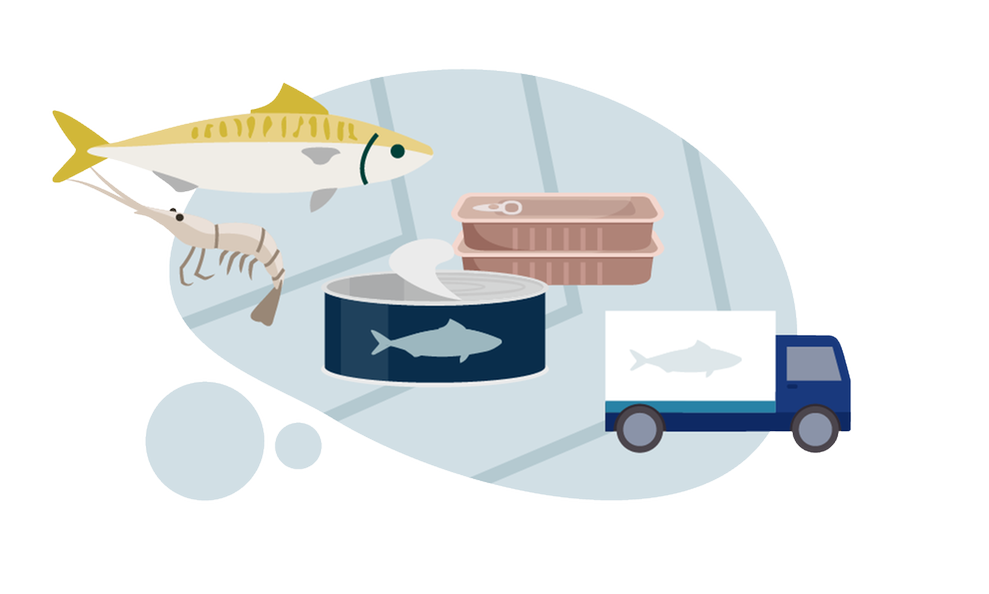 Fish, shrimp, tins and delivery truck.