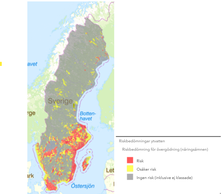 Karta som visar riskbedömning för övergödning.