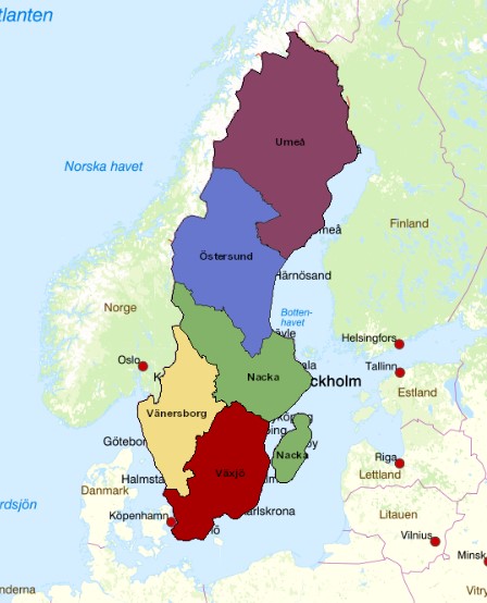 Karta över de fem regionala mark- och miljödomstolarna.