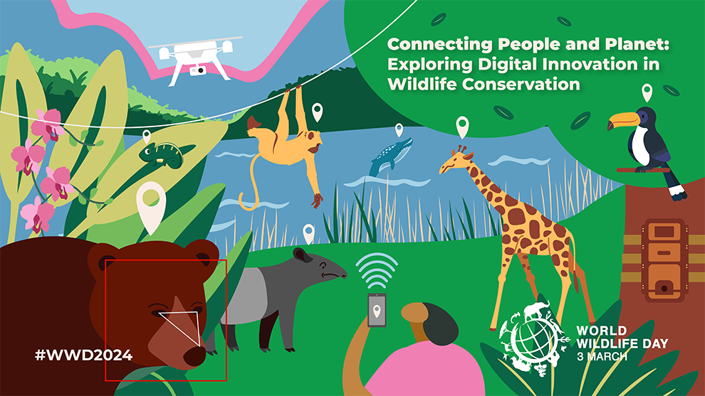 Officiell poster för World Wildlife Day 2024 Olika djur och teknik
