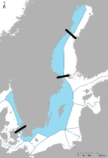 Figur 5. Figuren visar de olika havsområdena Bottenviken, Bottenhavet, Egentliga Östersjön och Västerhavet.