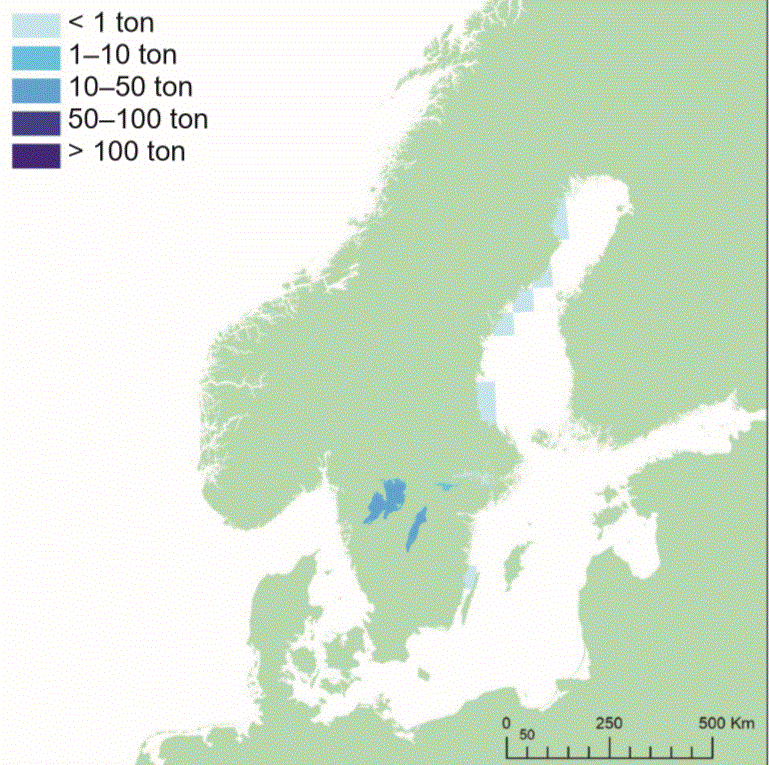 Svenska yrkesfiskares huvudsakliga fångstområde för lake. Illustration, karta.