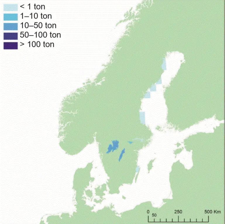 Svenska yrkesfiskares huvudsakliga fångstområde för lake. Illustration, karta.