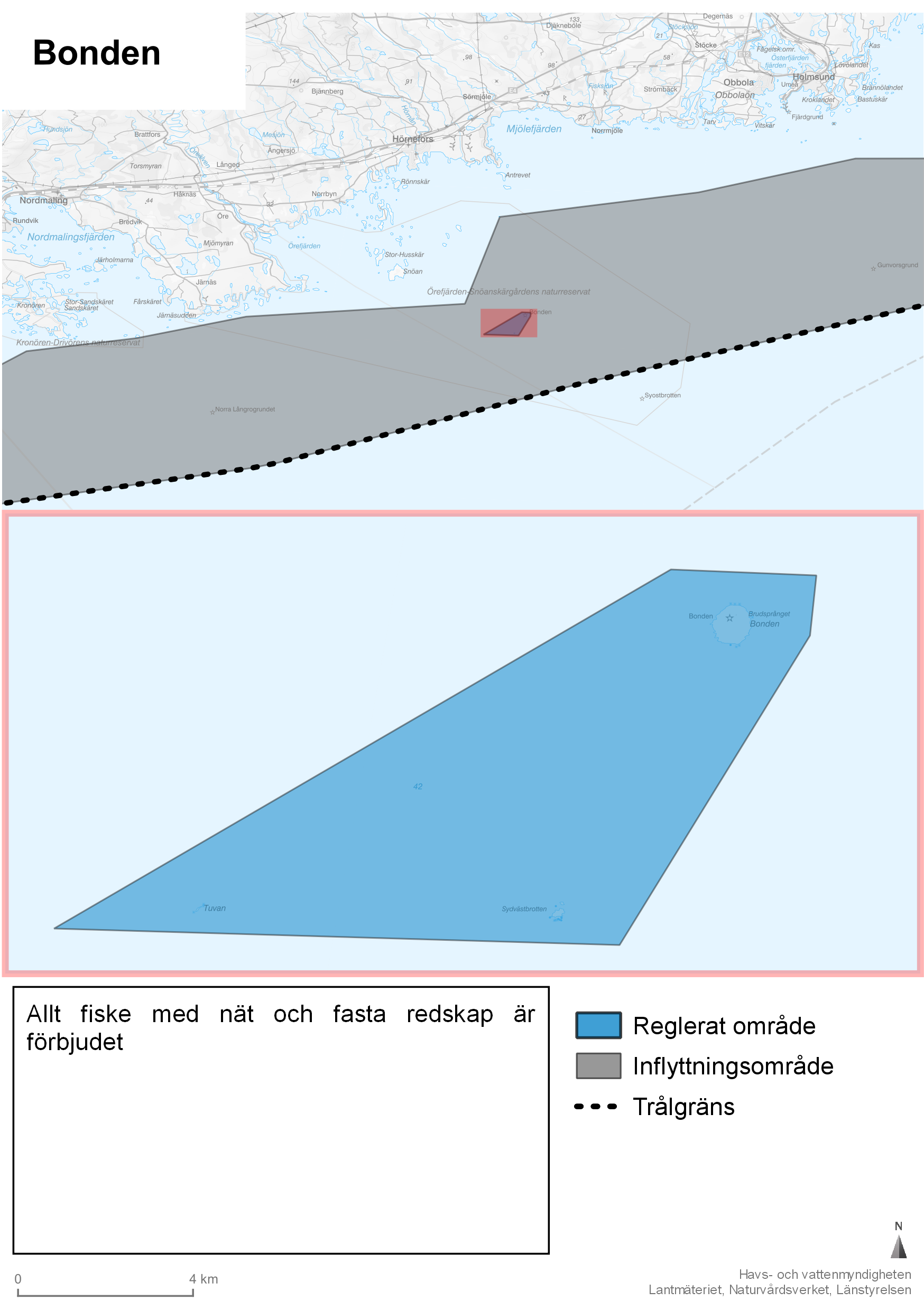 Karta visar reglerat område, inflyttningsområde samt trålgräns.