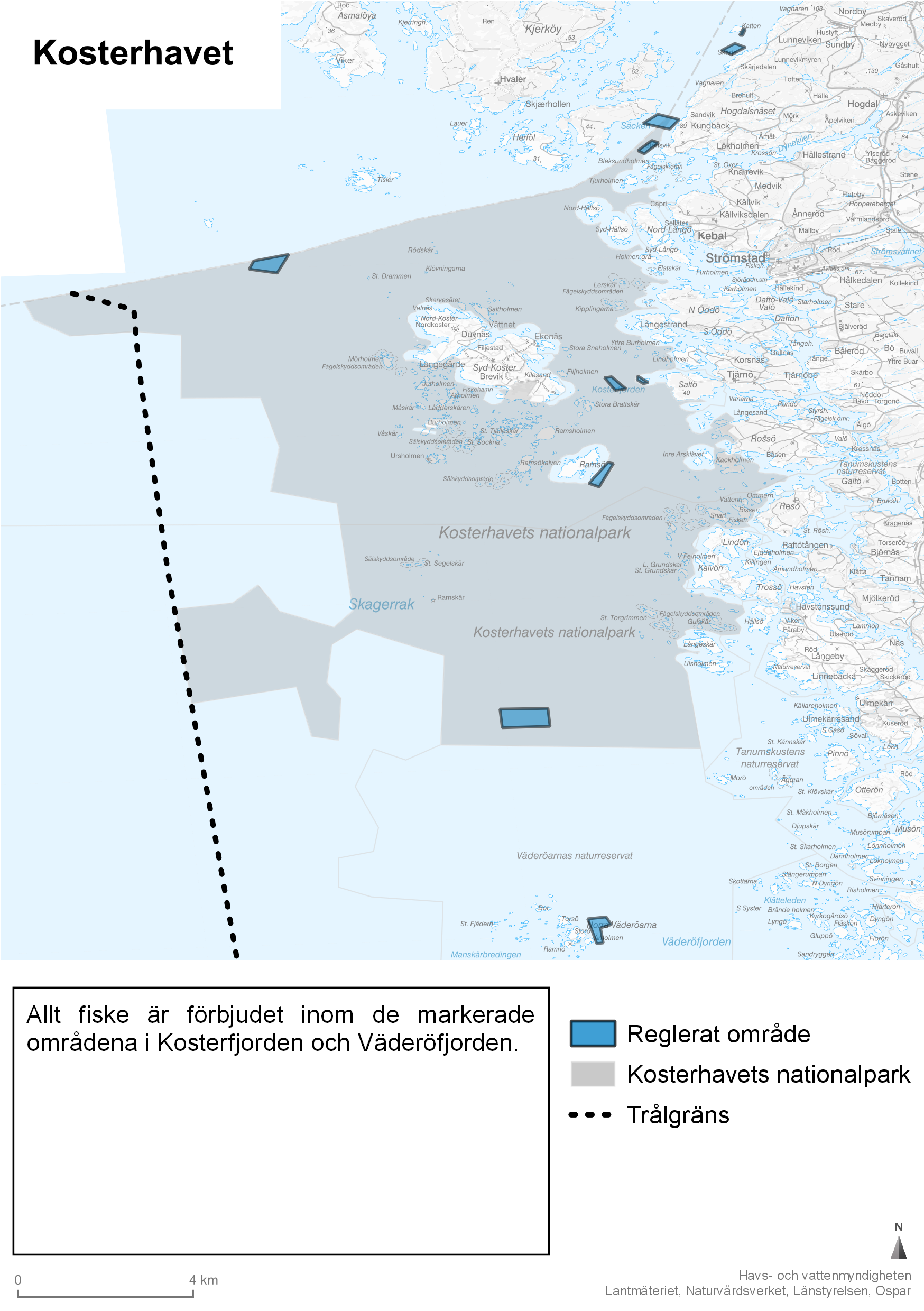 Kosterhavets nationalpark markerad med grå nyans. Reglerade områden markerade med blå färg. Streckad linje visar trålgräns.