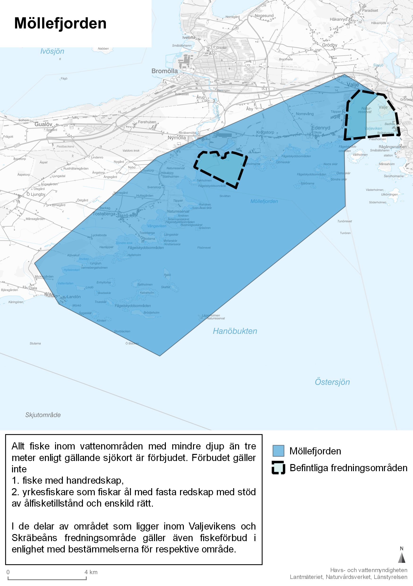 Blå färg markerar Möllefjorden. Befintliga fredningsområden är markerade med turkos färg och streckad linje.