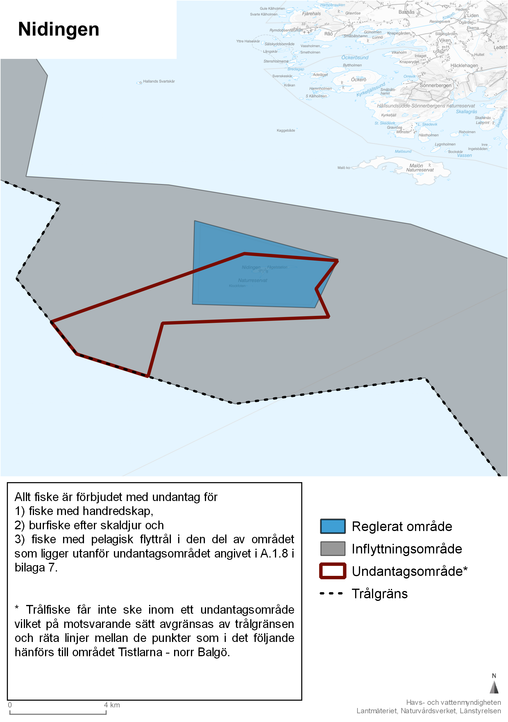 Reglerat område, inflyttningsområde, undantagsområde samt trålgräns är markerat på kartan.