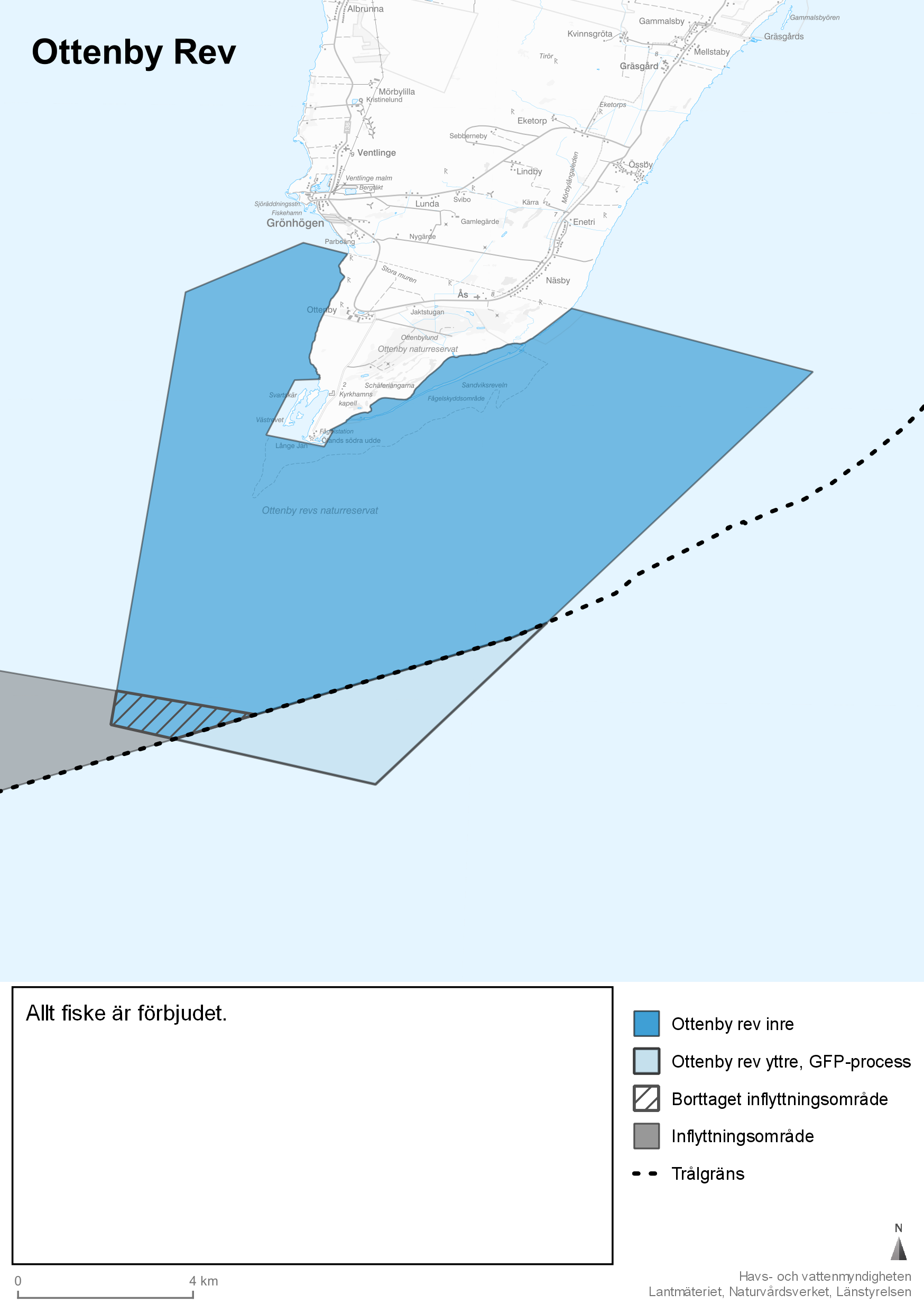 Mörkt blå färg markerar Ottenby rev inre. Utanför markeras trålgräns med streckad linje.