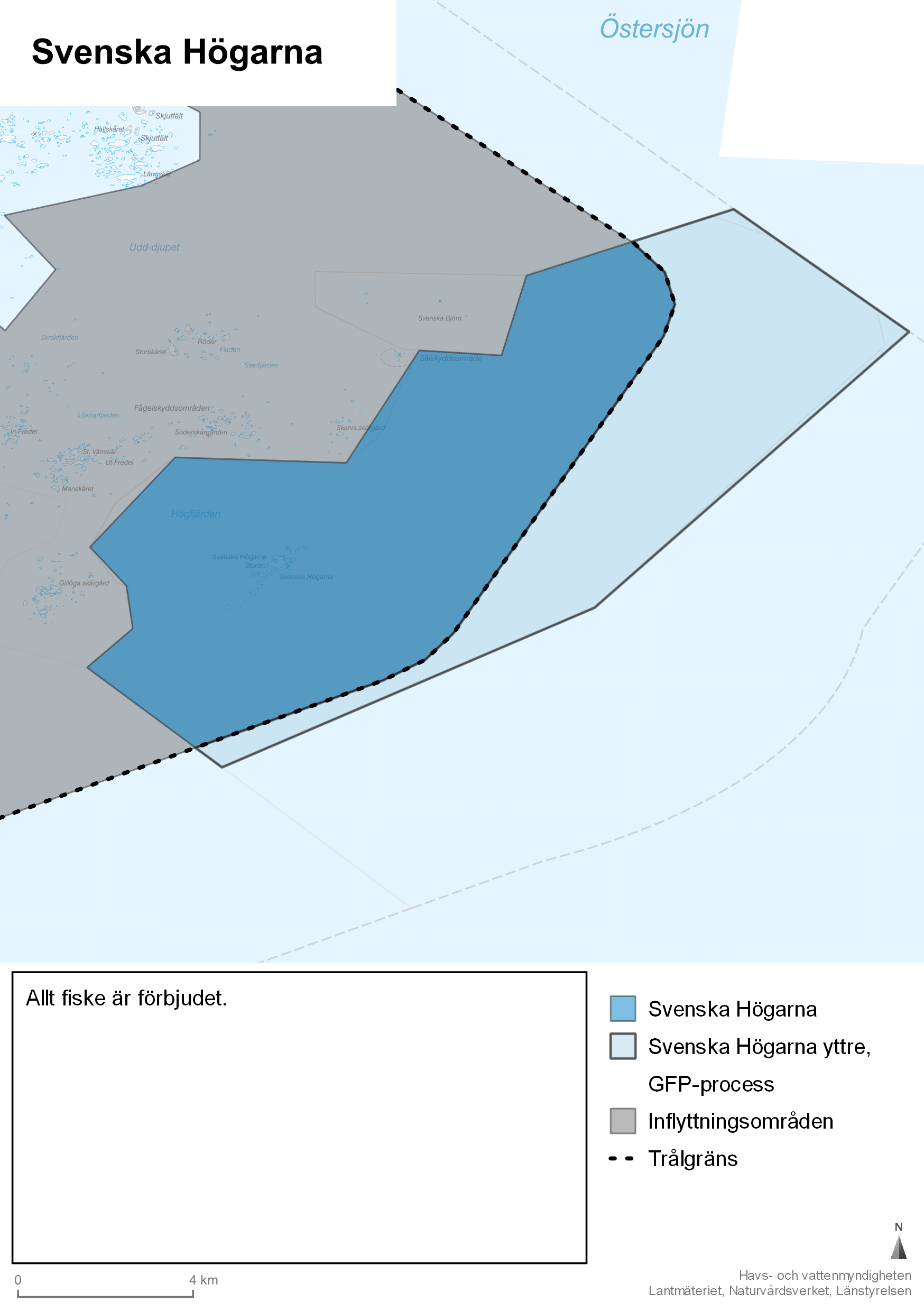 Trålgräns markeras med streckad linje. Inflyttningsområde markeras med grå färg och Svenska Högarna med mörkare blå. Ljusare blå färg visar Svenska Högarna yttre, GFP-process.