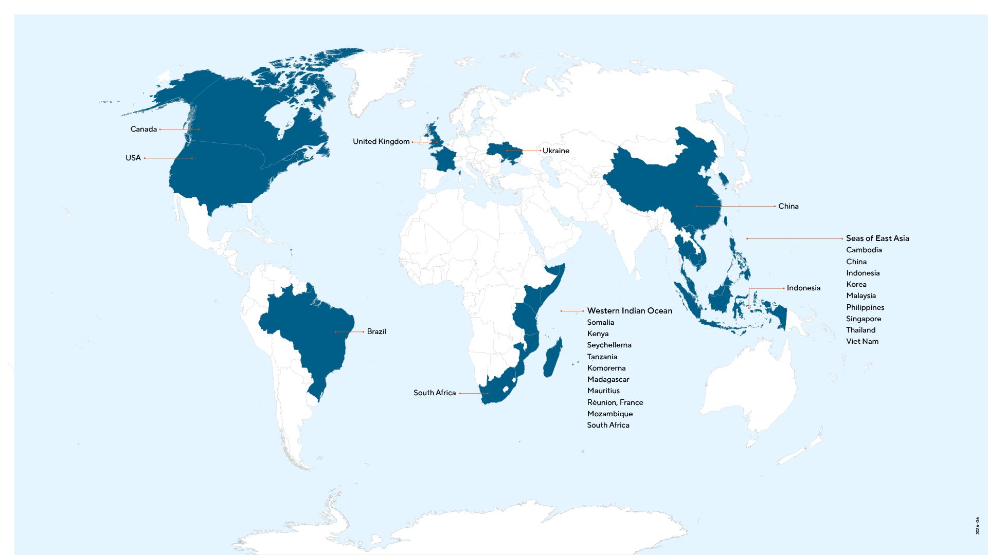 World map with certain countries highlighted