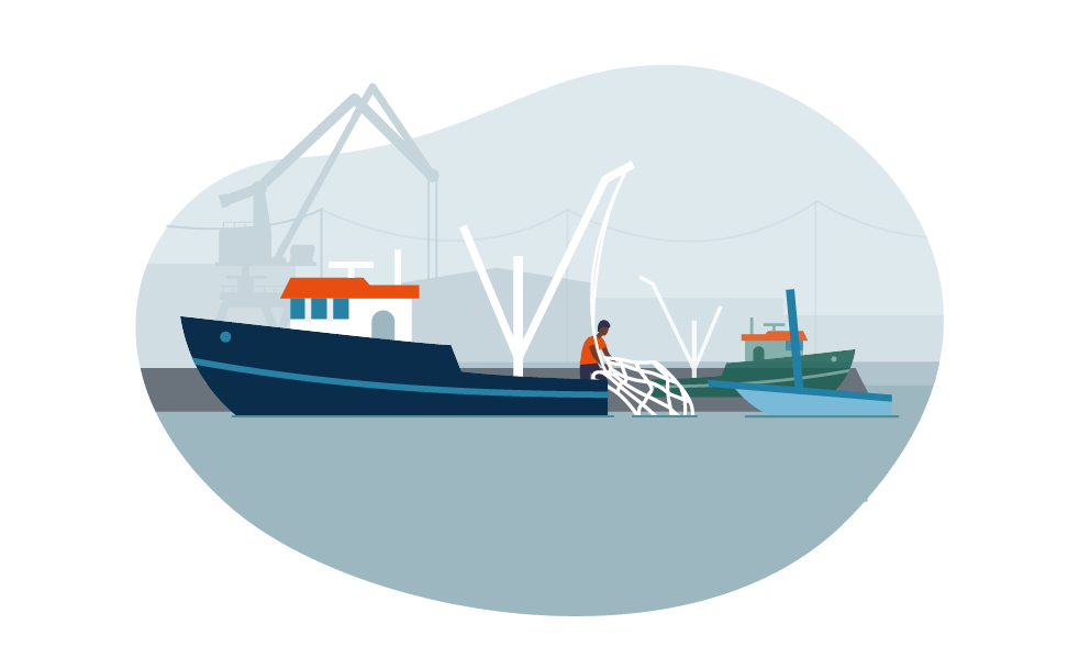 Fishing boat in harbour with person hauling in net, crane and power lines in background