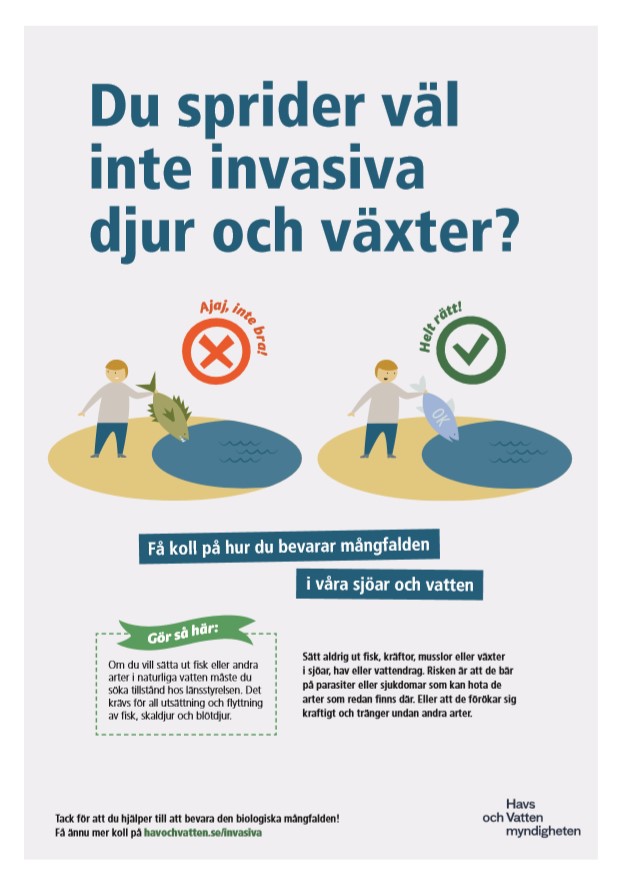 Bevara mångfalden i sjöar och vatten. informationsaffisch för att förhindra spridning av invasiva arter