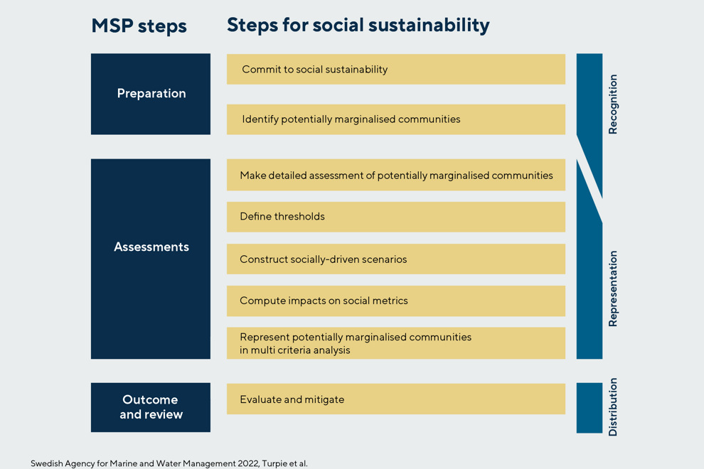 3 MSP steps Preparation, Assessment, and Outcome and review, in dark blue. 8 steps for social sustainability same as following headings in this guide web page corresponding, in yellow. 3 social dimensions Recognition, Representation, and Distribution, in blue.