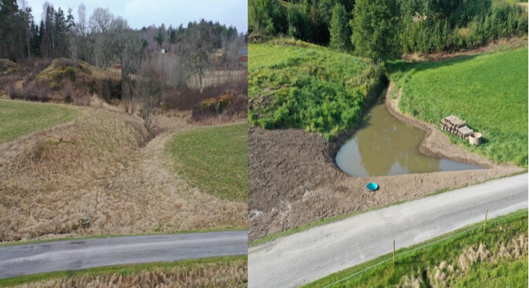 Fosfordamm vid Rålandsberg (före till vänster och färdig damm till höger). Foto: Orust kommun