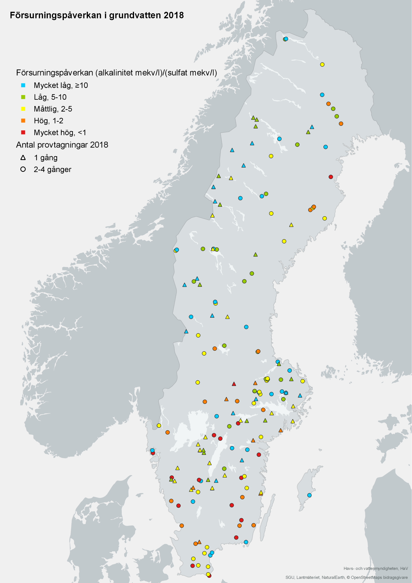 Kartan visar tillståndsklassning av grundvatten med avseende på försurningspåverkan från provtagningar i 172 stationer år 2018. Karta, illustration.