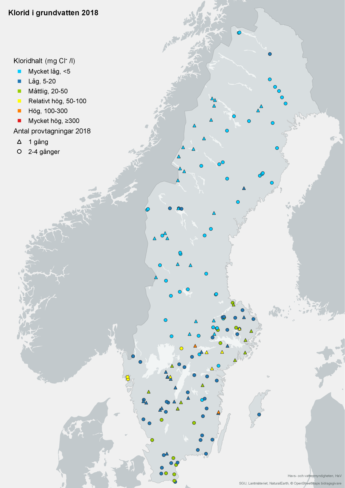 Kloridhalterna i 172 övervakningsstationer år 2018. Karta, illustration.