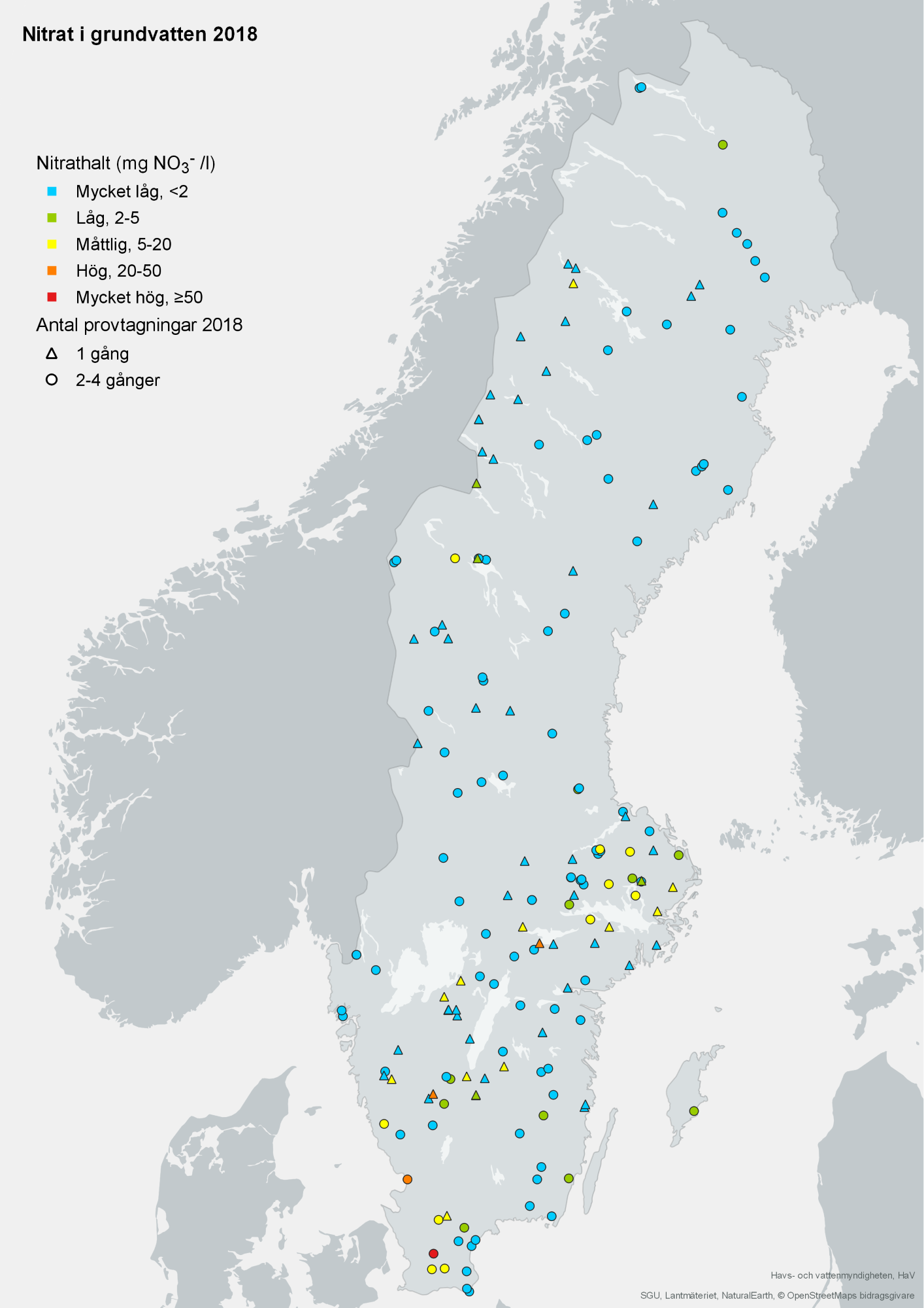 Tillståndsklassning av grundvatten med avseende på nitrat från provtagningar i 172 stationer år 2018. Karta, illustration.