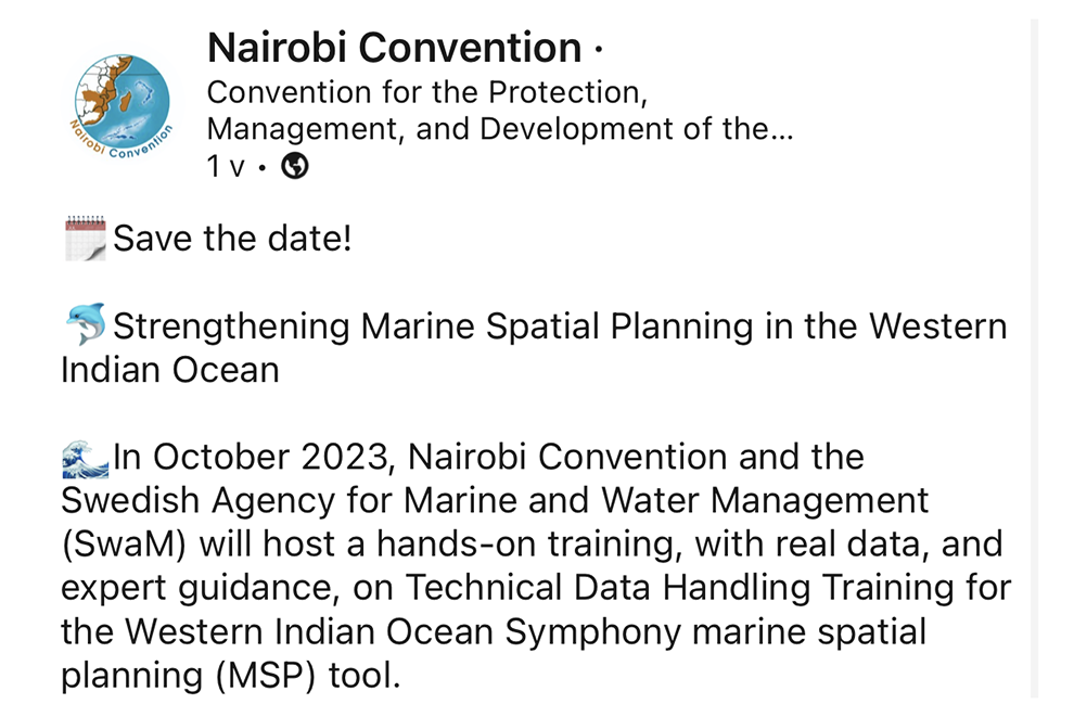 Social media post from the Nairobi Convention about Save the date for at training