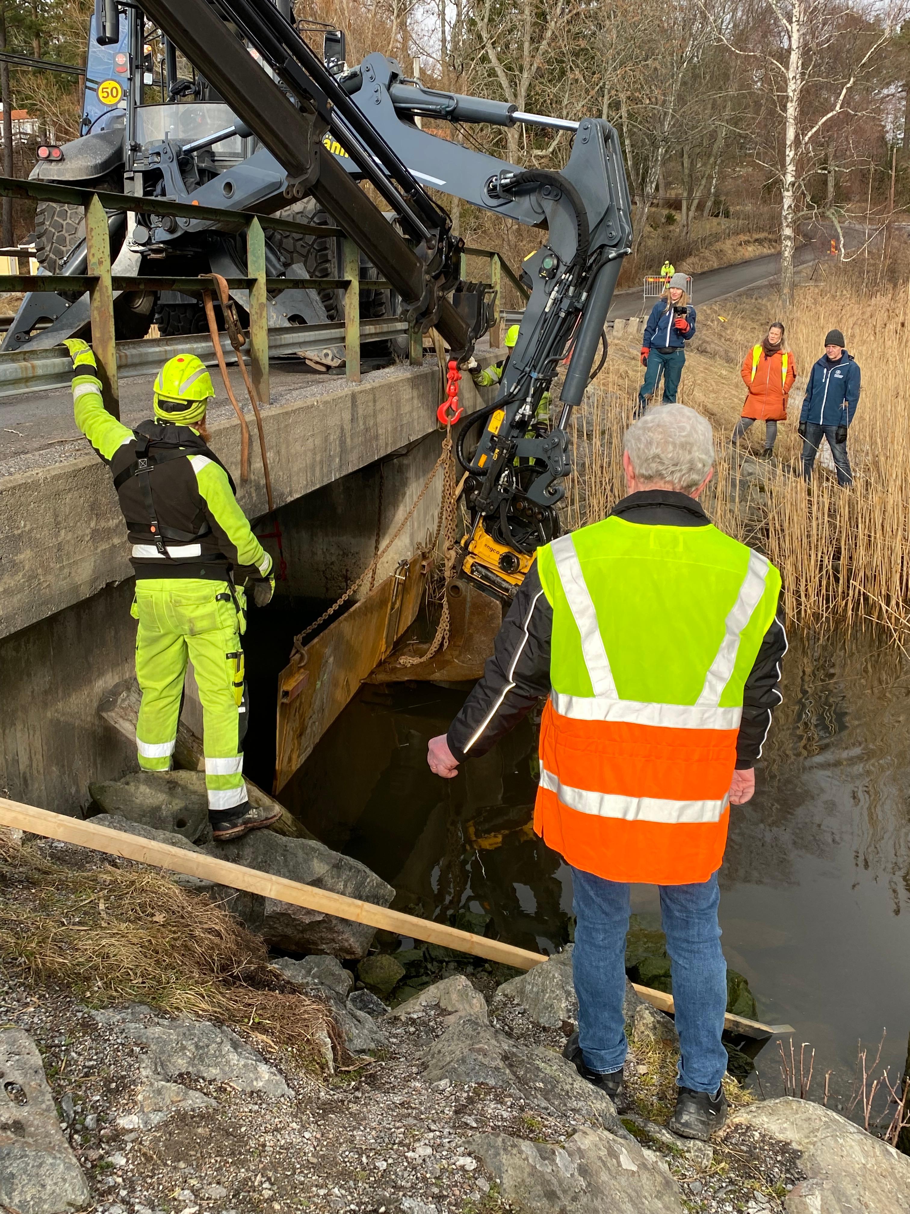 En artificiell tröskel monteras i Långbroviken. Åtgärdstestet pågår fram till midsommar och ska förhoppningsvis ge svar på hur vattenståndet och vattenrörelserna i viken påverkar erosion och grumlighet. Foto: Linda Kumblad