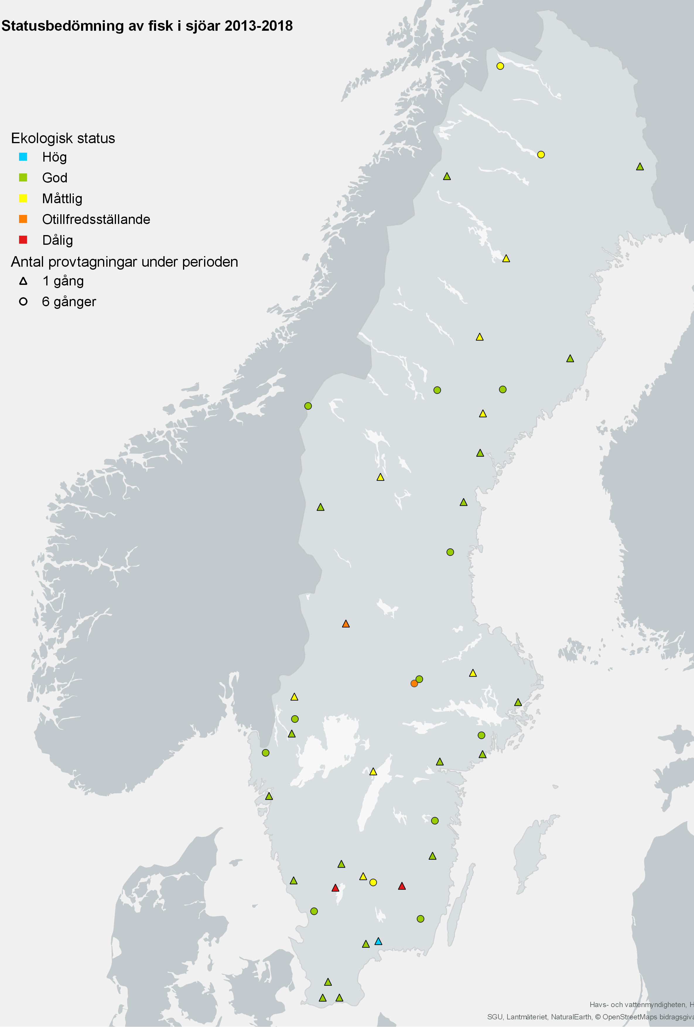status i sjöar avseende fisk 2013-2018. karta.illustration