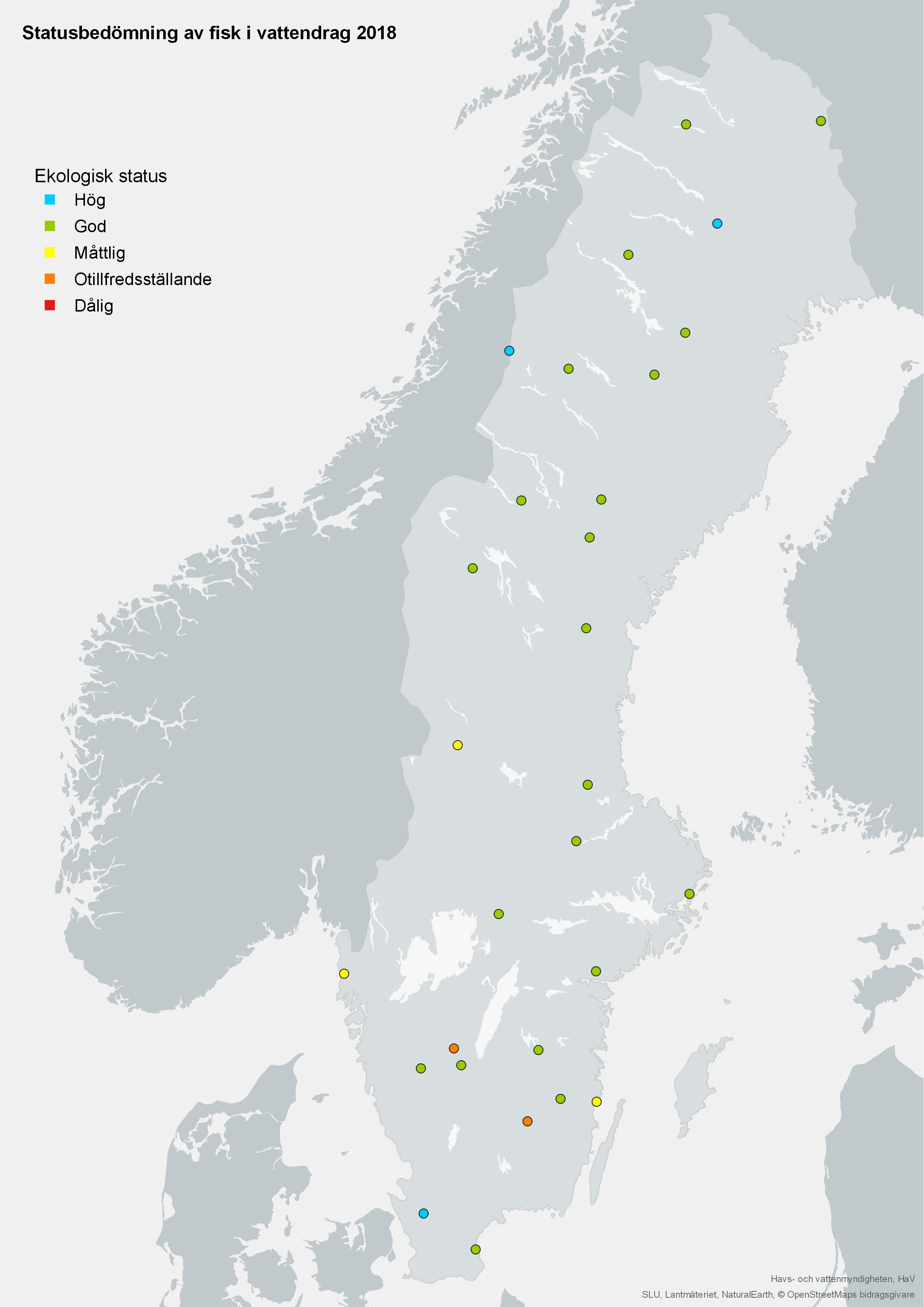 status i trendvattendrag med avseende på fisk vid 2018 års elfiske. karta.illustration