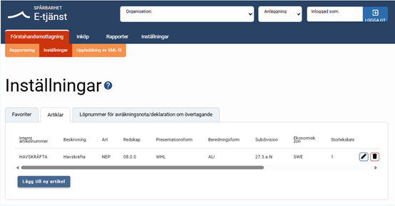 Inställningar, artiklar. Skärmbild.