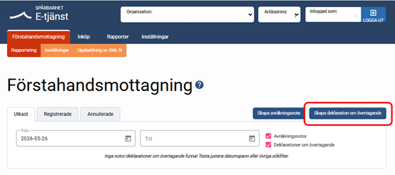 Skapa deklaration om övertagande. Skärmbild.