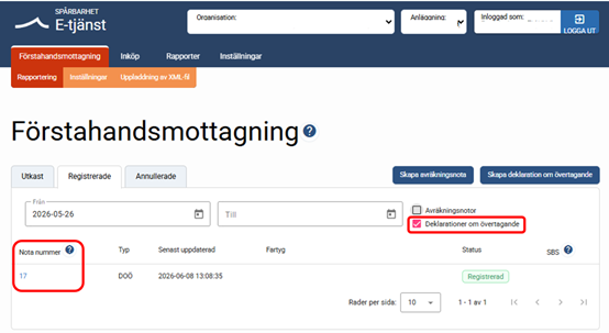Deklaration om övertagande. Skärmbild.