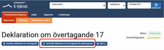 Omvandla deklaration om övertagande. Skärmbild.
