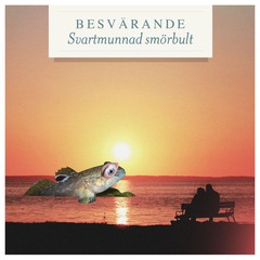 Övernaturligt stor svartmunnadsmörbult kikar på par som sitter på bänk på strand