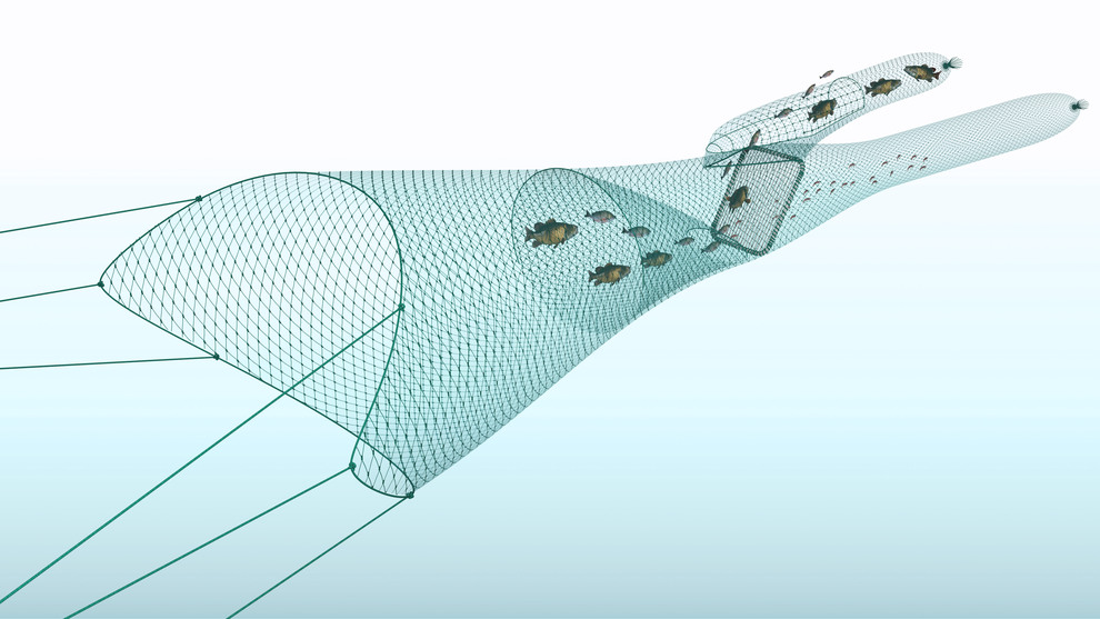 Illustration av räktrål med rist och tunnel (redskapskod 337).