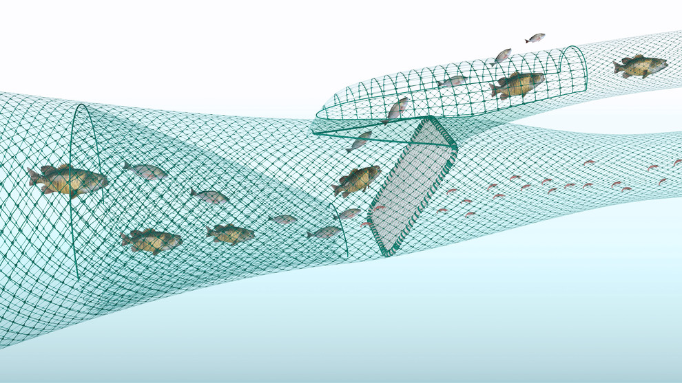 Illustration av räktrål med rist och tunnel (redskapskod 337).