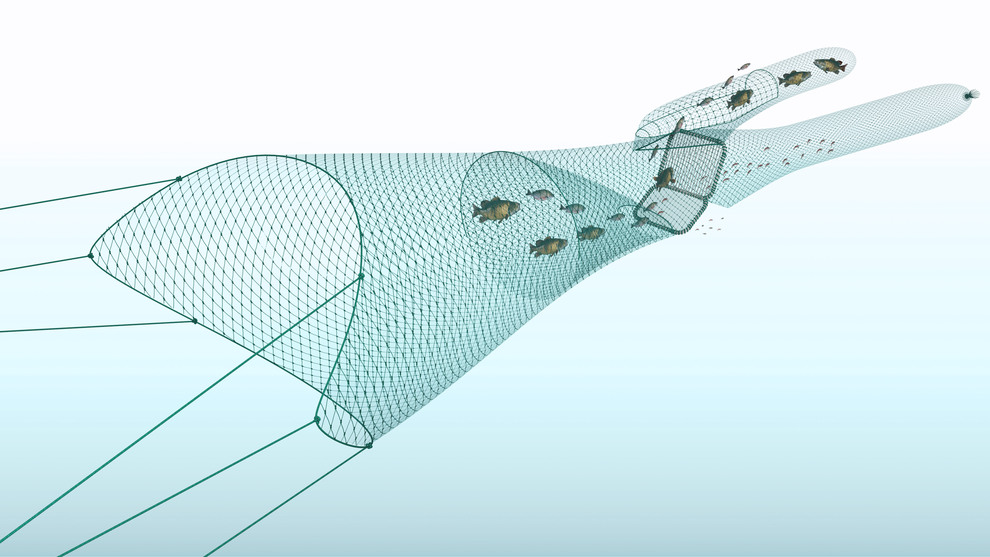 Illustration av räktrål med kombirist och tunnel (redskapskod 350).