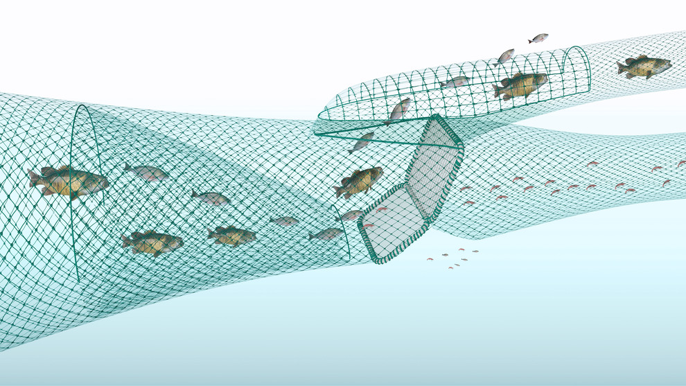 Illustration av räktrål med kombirist och tunnel (redskapskod 350).