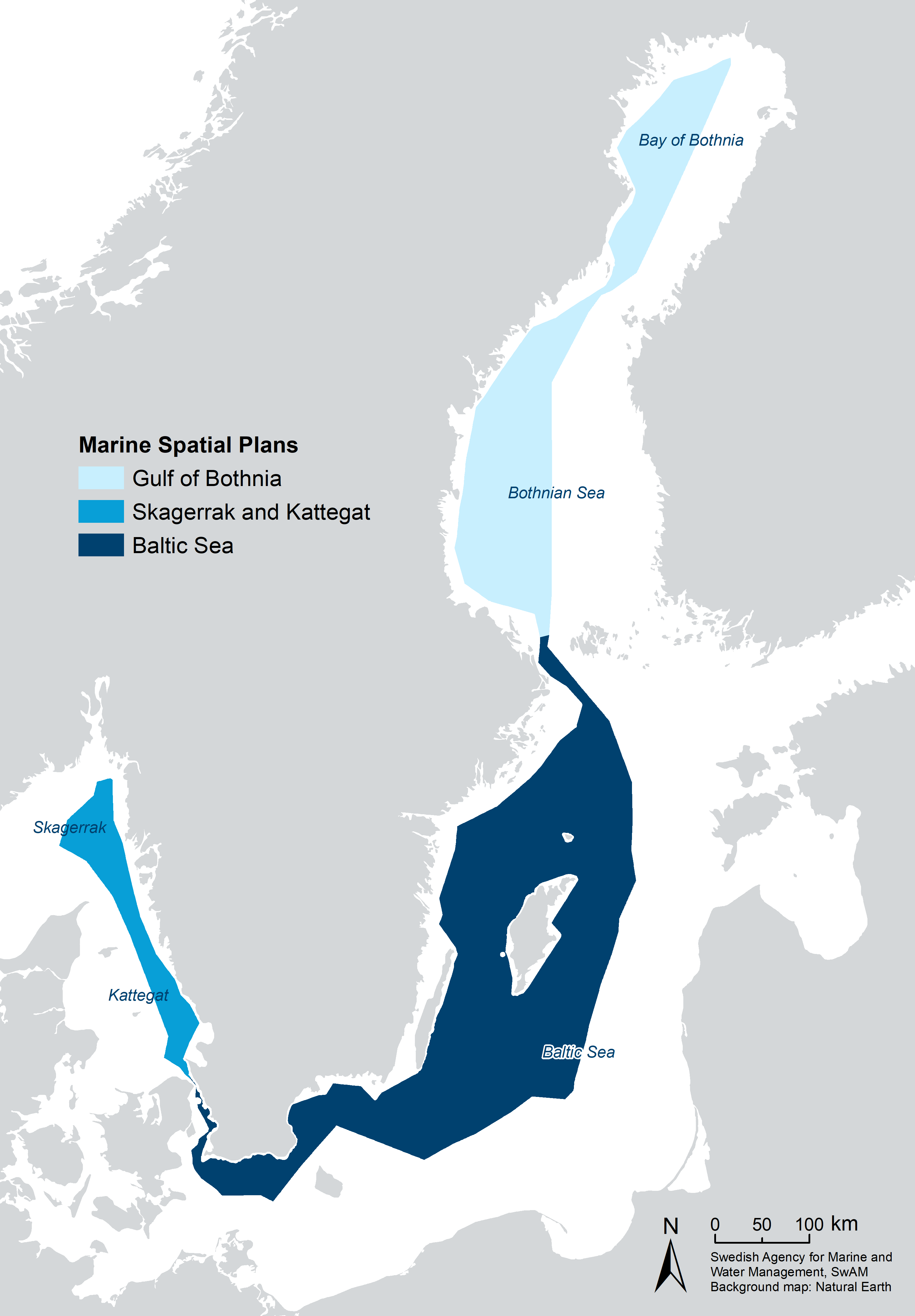Map showing Sweden's three marine spatial planning areas.