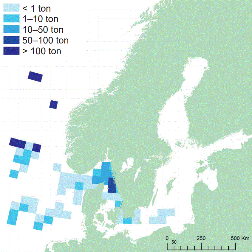 Fångstområde för makrill. Illustration, karta.