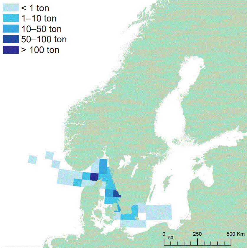 Fångstområden för rödspätta. Illustration, karta.