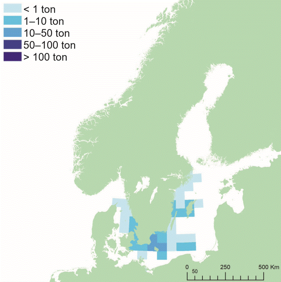 Fångstområde för skrubbskädda. Illustration, karta.