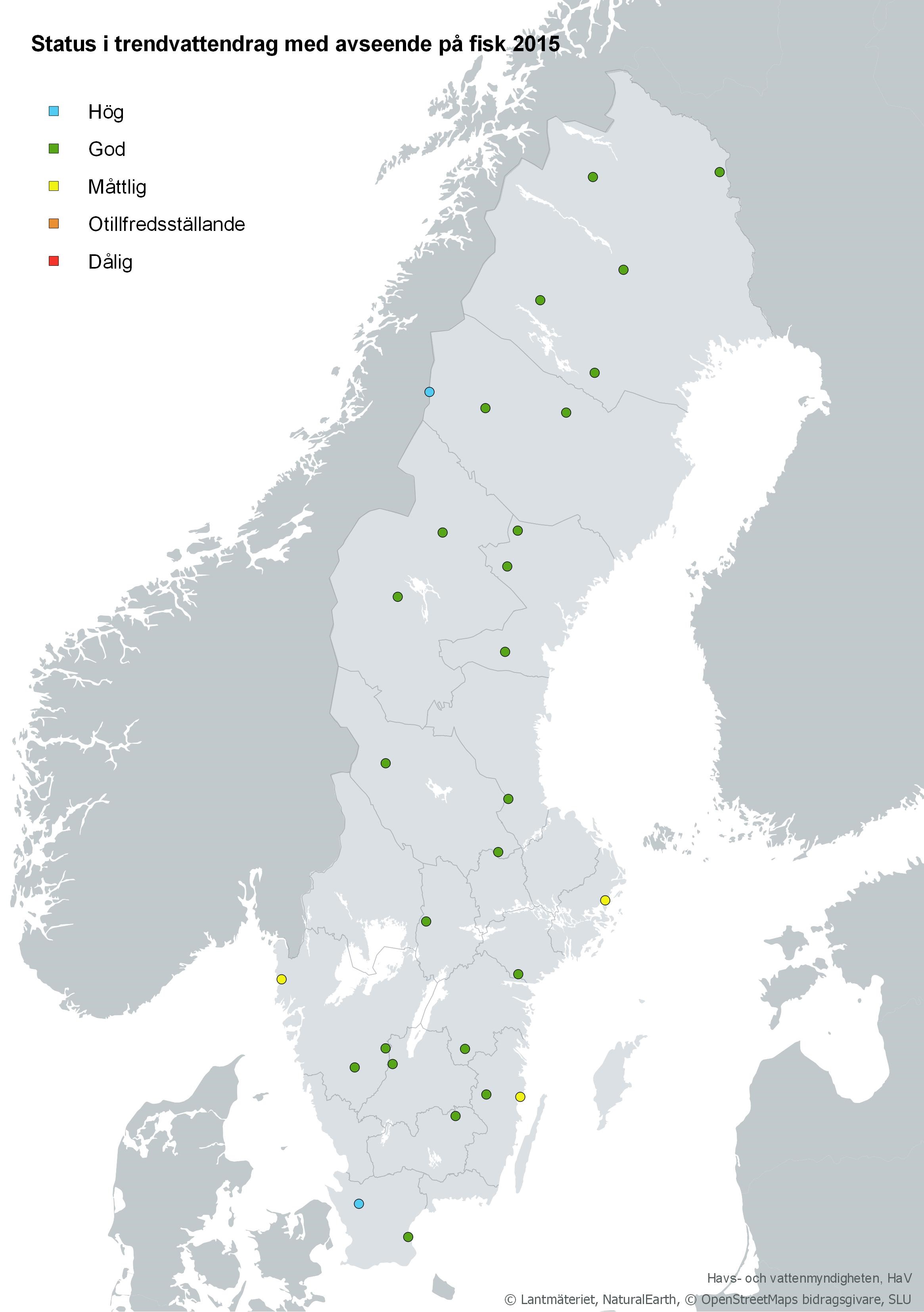 Status i trendvattendrag med avseende på fisk. Karta, illustration.