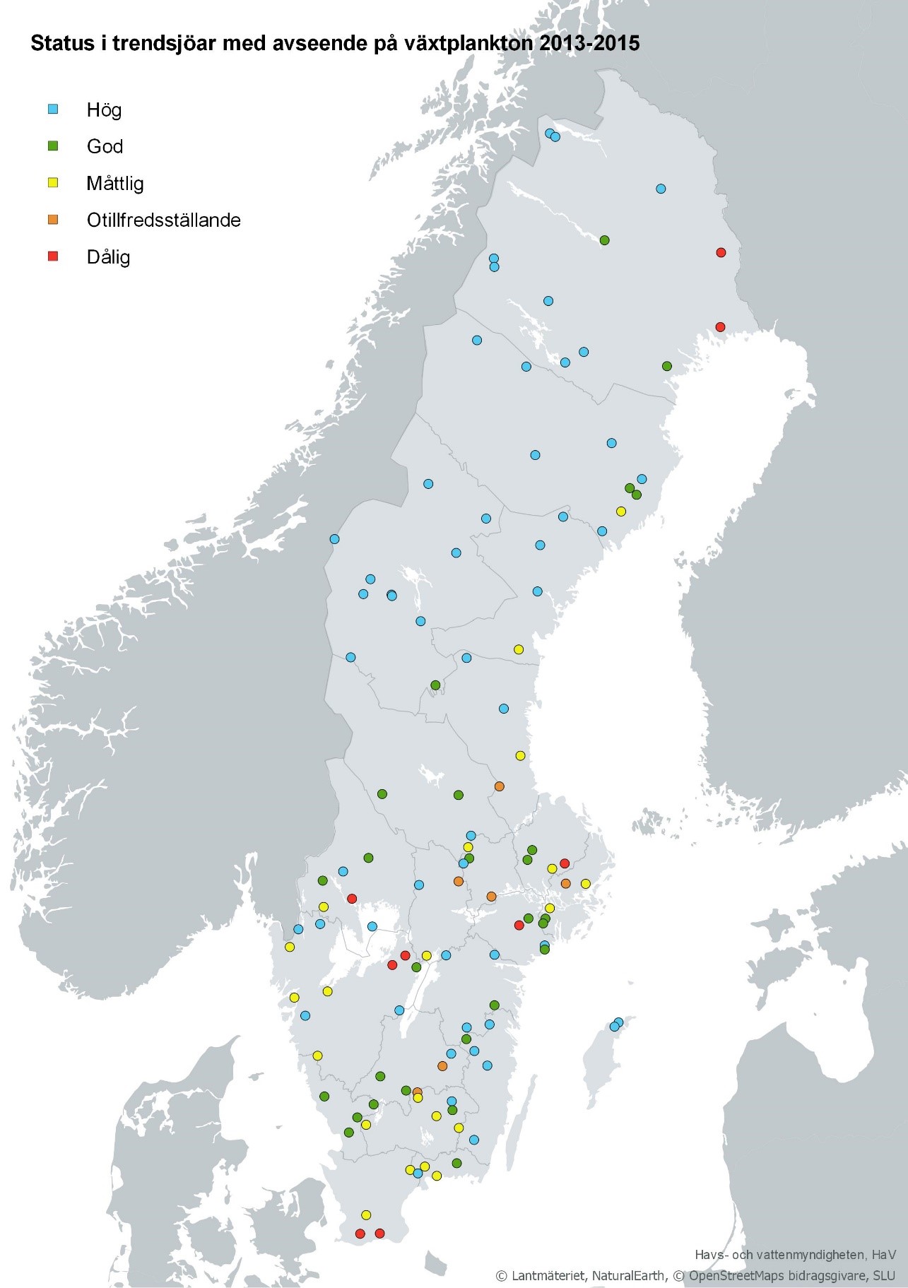 Status i trendsjöar med avseende på växtplankton 2013-2015. Karta, illustration.