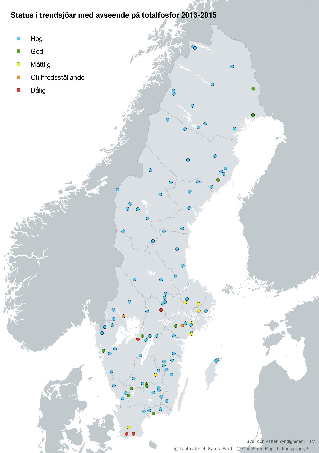 Trendsjöars status vad gäller totalfosfor år 2013–2015. Karta, illustration.