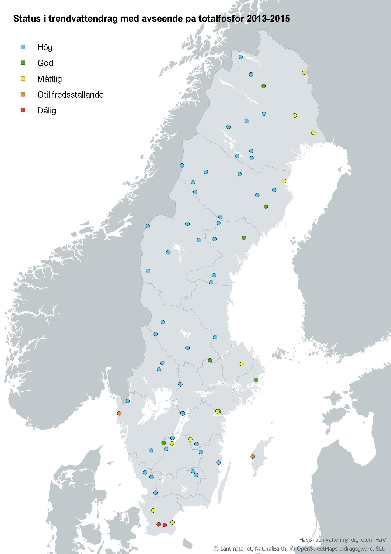 Trendvattendragens status vad gäller totalfosfor år 2013–2015, Karta, illustration.