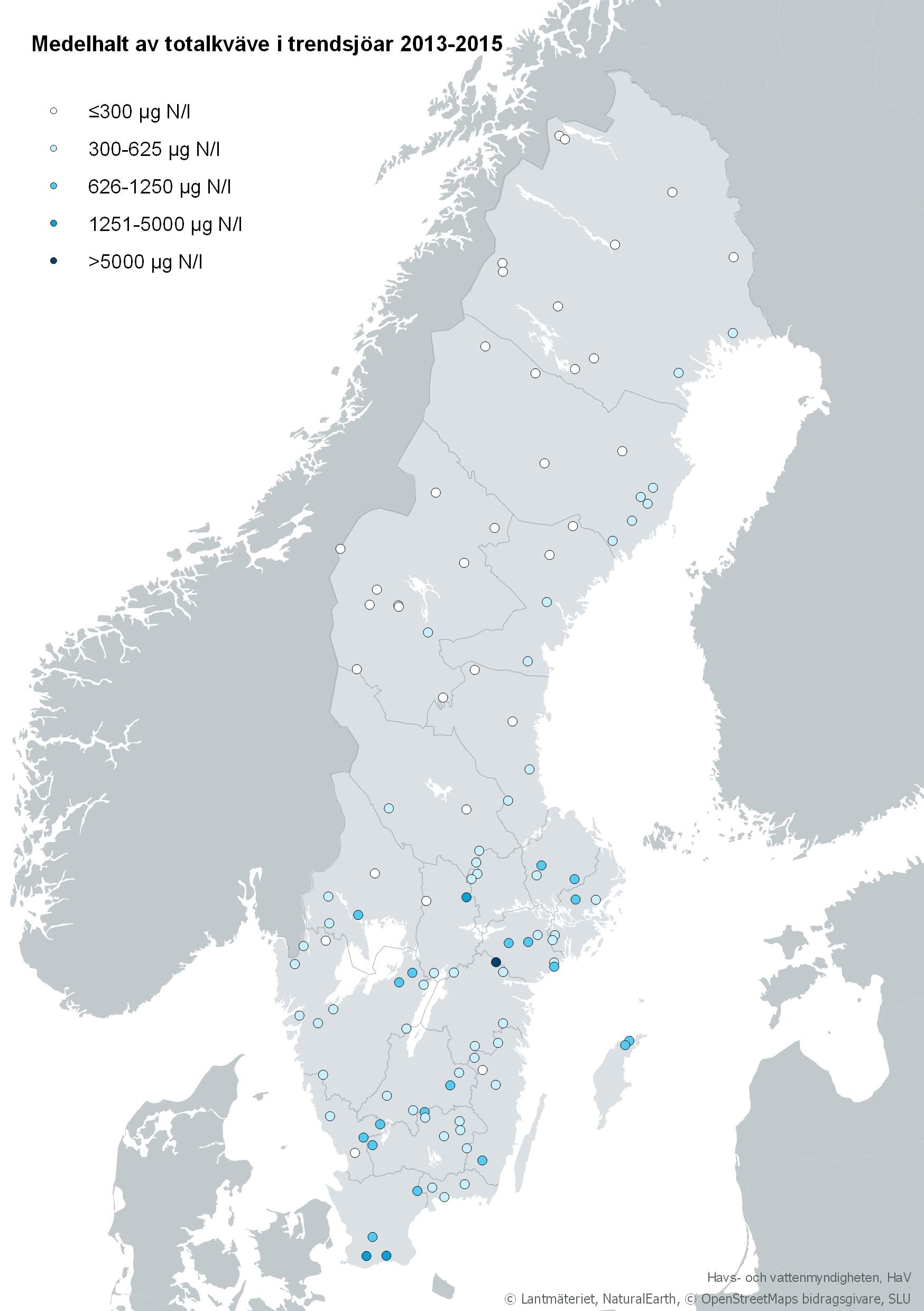 Medelhalt av totalkväve i trendsjöar 2013–2015. Karta, illustration.