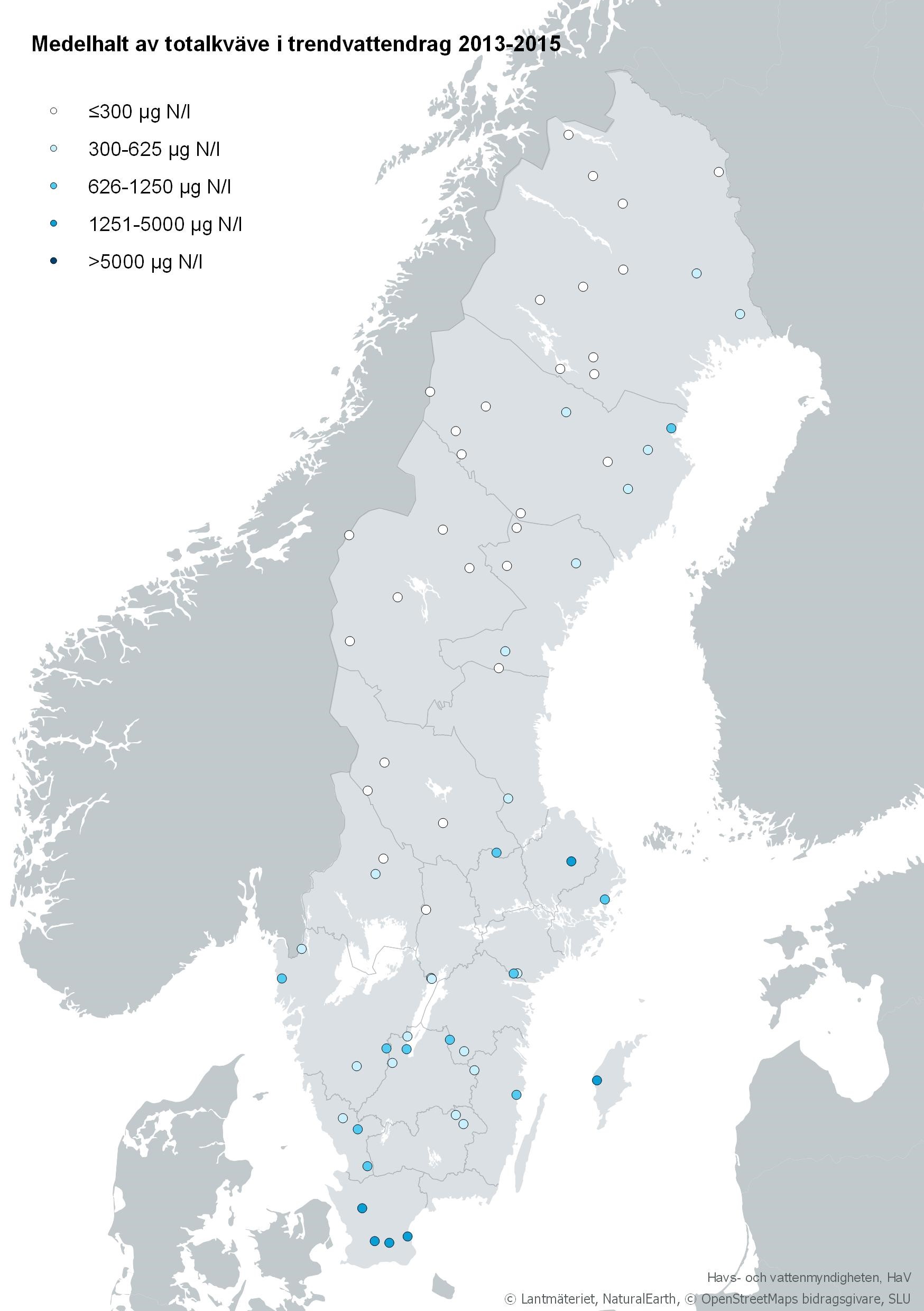 Medelhalt av totalkväve i trendvattendrag 2013–2015. Karta, illustration.