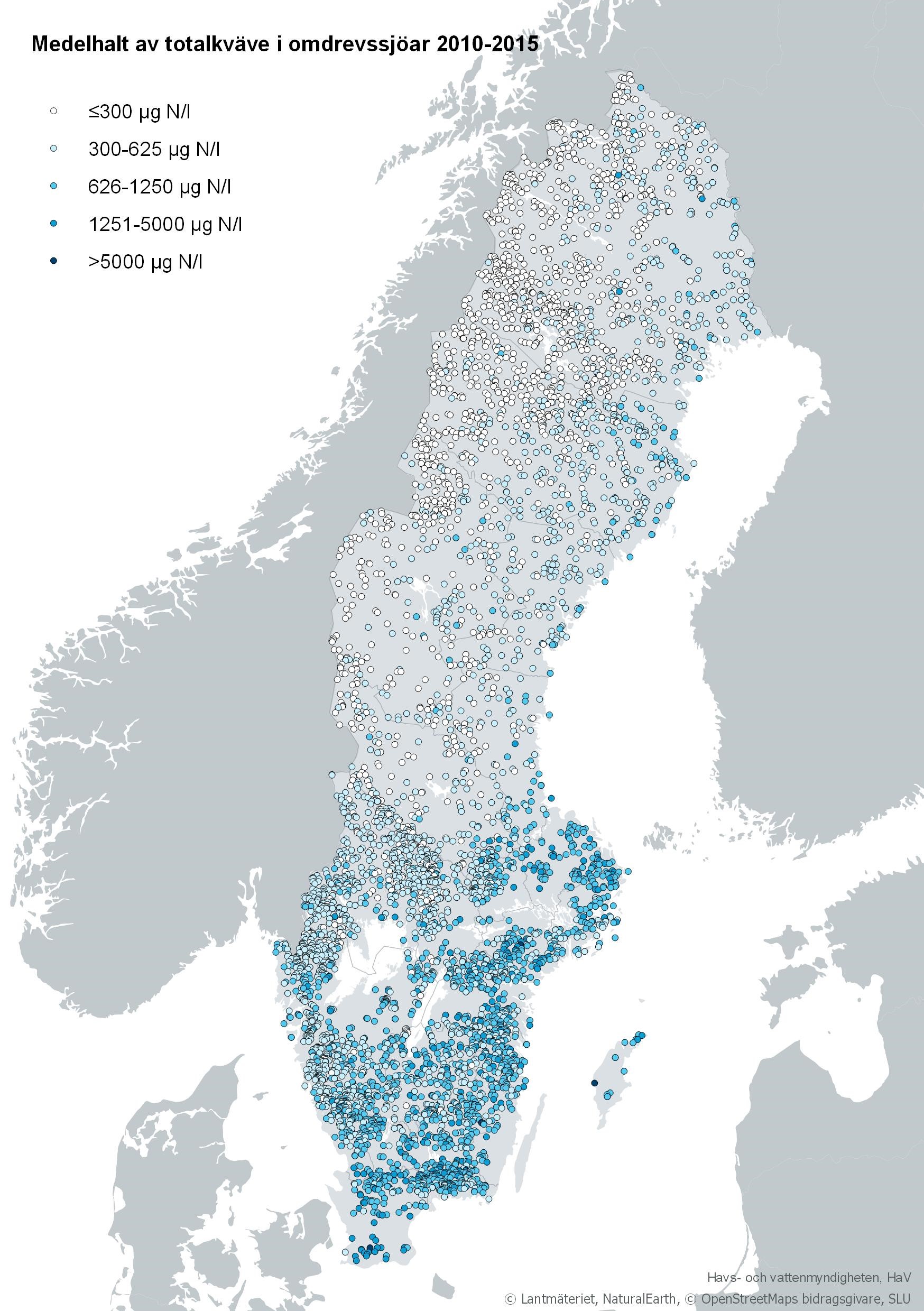 Medelhalt av totalkväve i omdrevssjöar 2013–2015. Karta, illustration.
