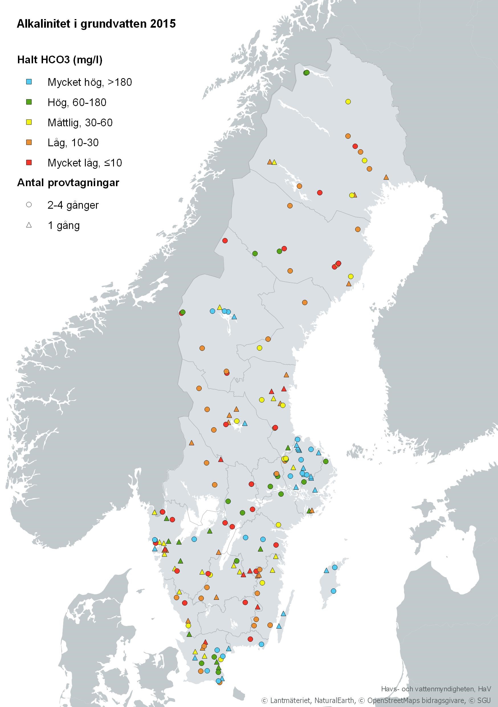 Alkalinitet i grundvatten från 189 övervakningsstationer. Karta, illustration.